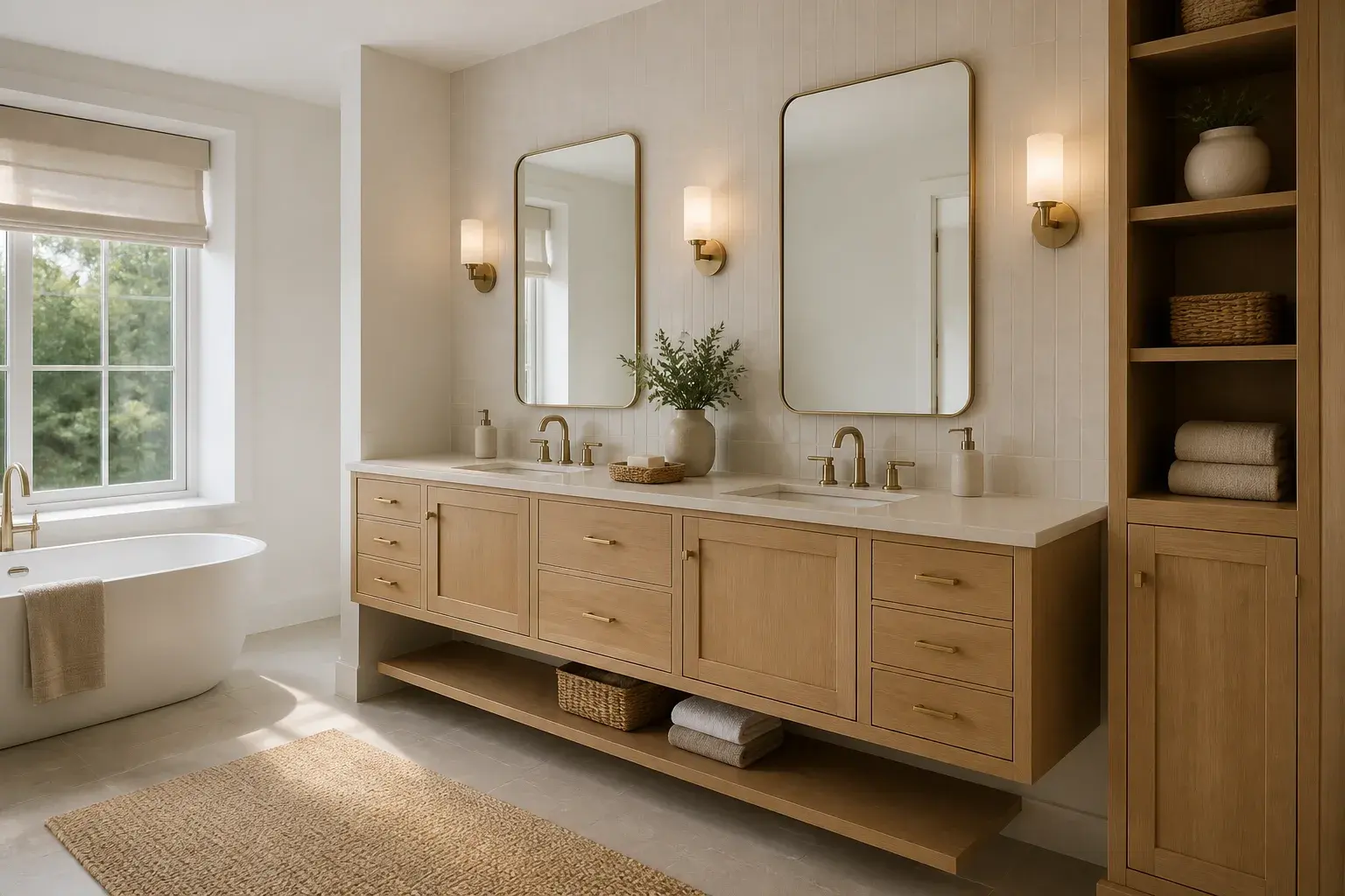 AI-assisted design concept of an oak floating bathroom vanity with double sinks in Montague