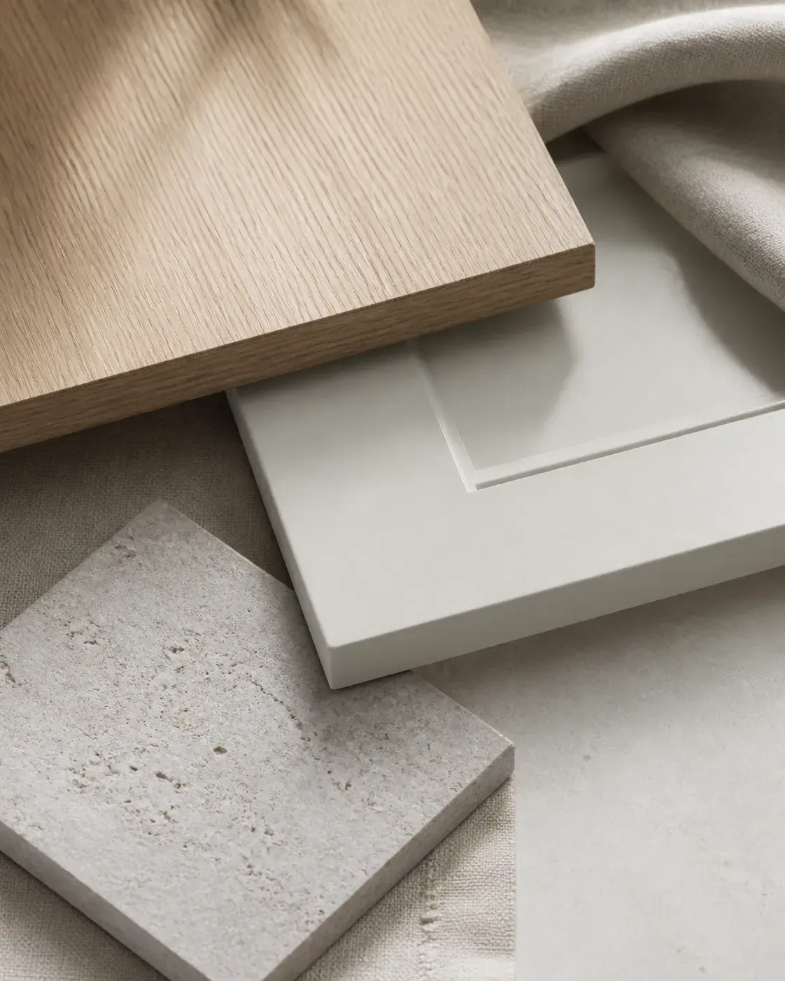 Floor material samples selected beside cabinetry and interior finishes