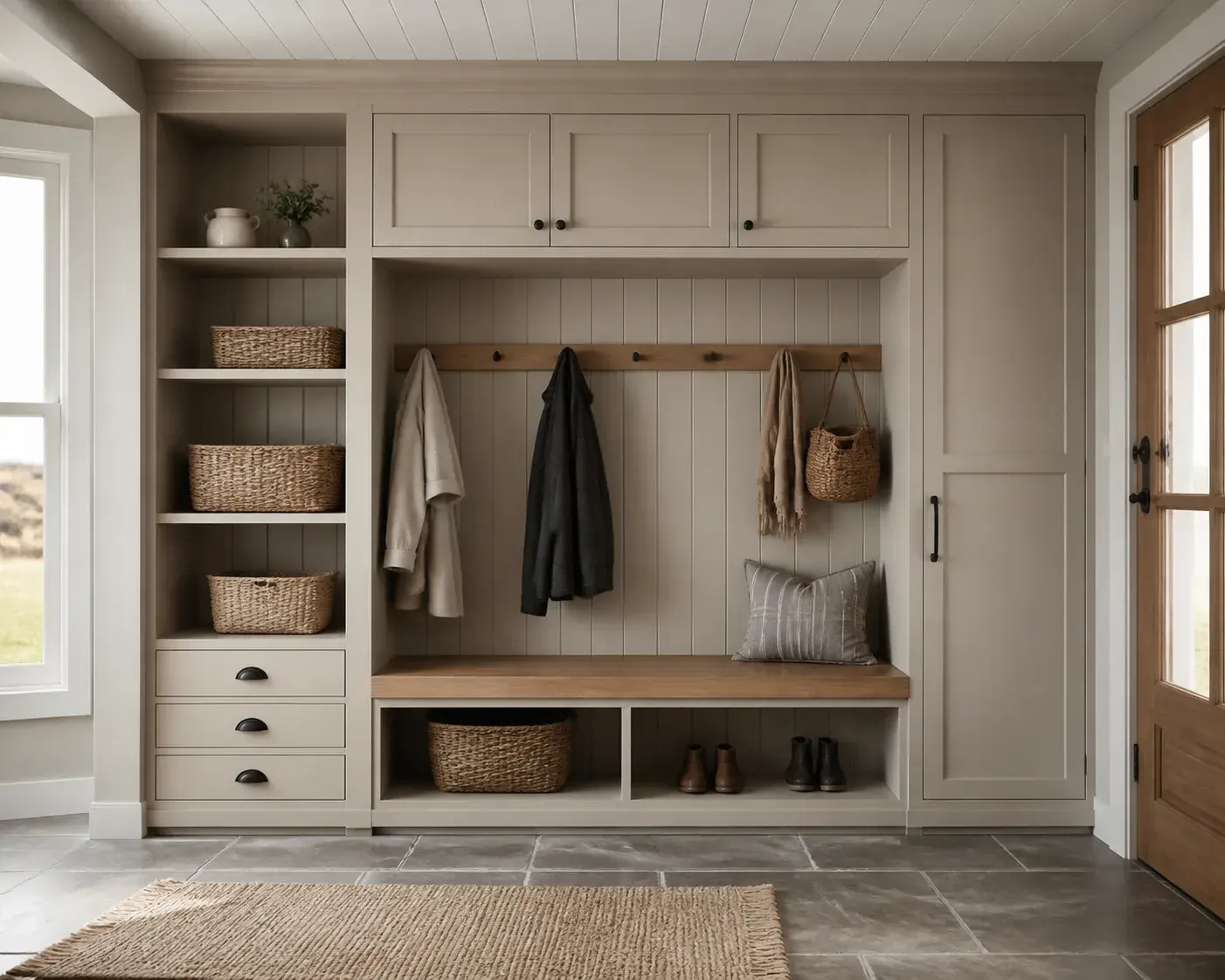 Editorial view of custom built-in storage cabinetry