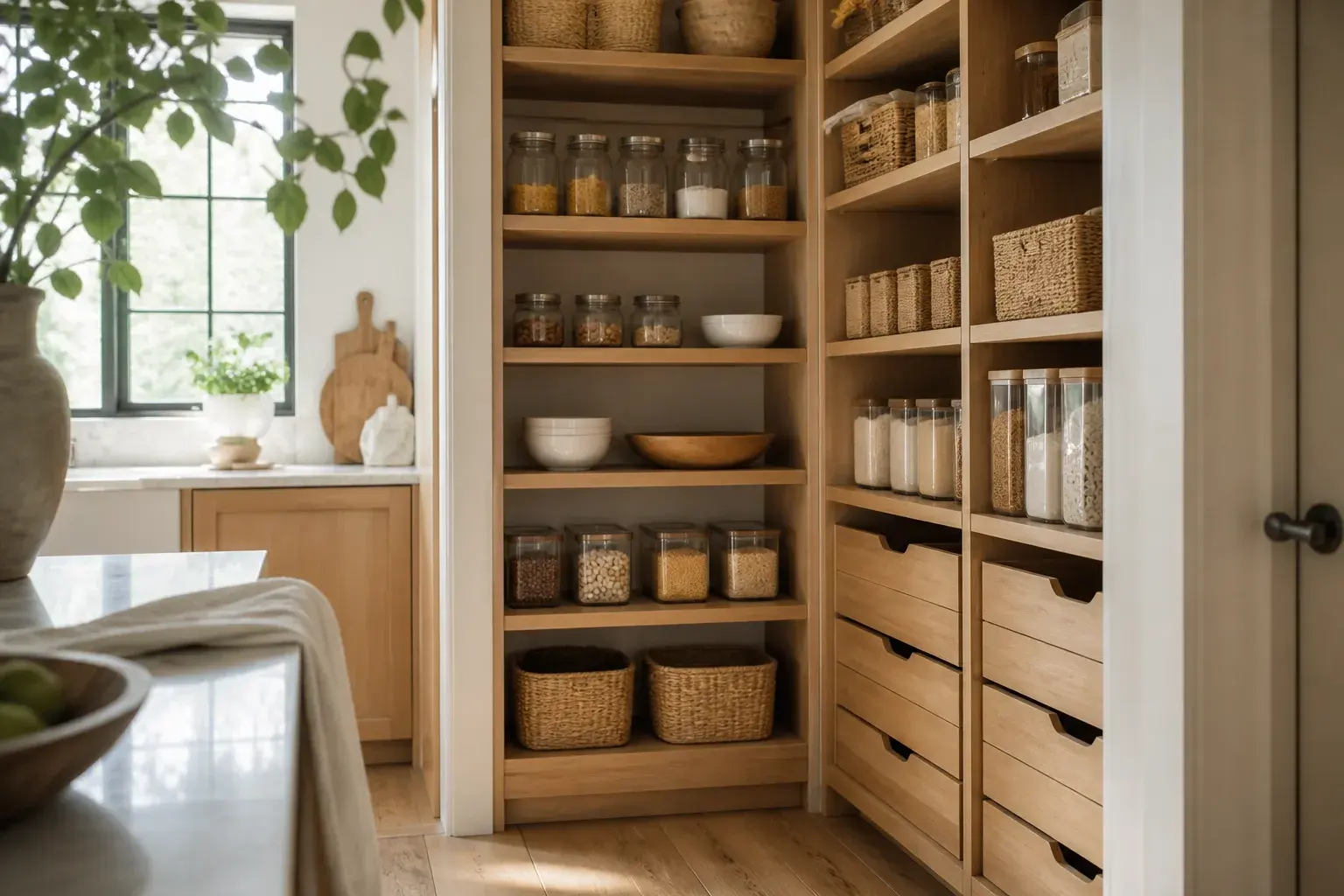 Editorial concept of custom pantry cabinetry with tall shelves, drawers and organized containers