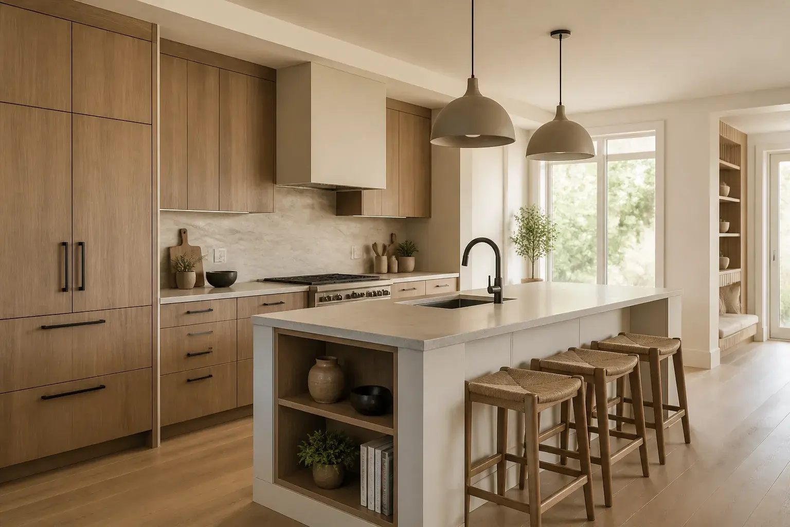 Warm wood cabinetry in a bright kitchen