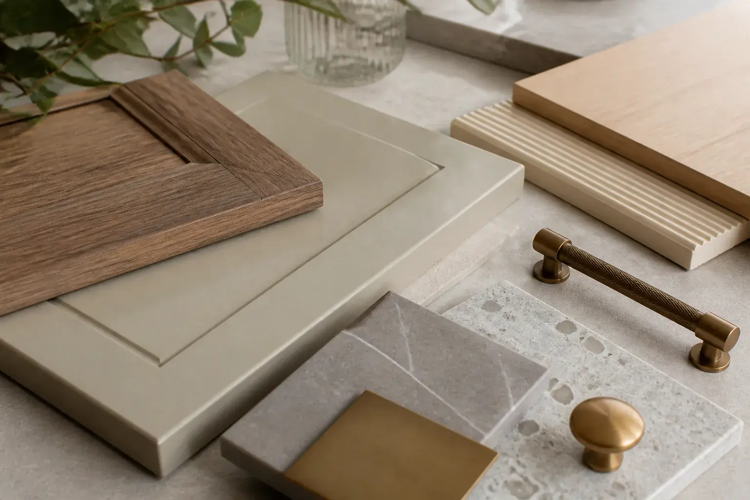 Editorial concept of cabinet doors, wood veneer and stone samples for a design review