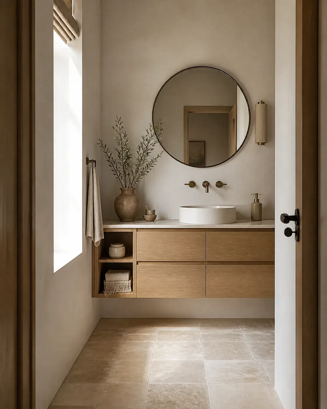 Calm bathroom with a custom oak floating vanity