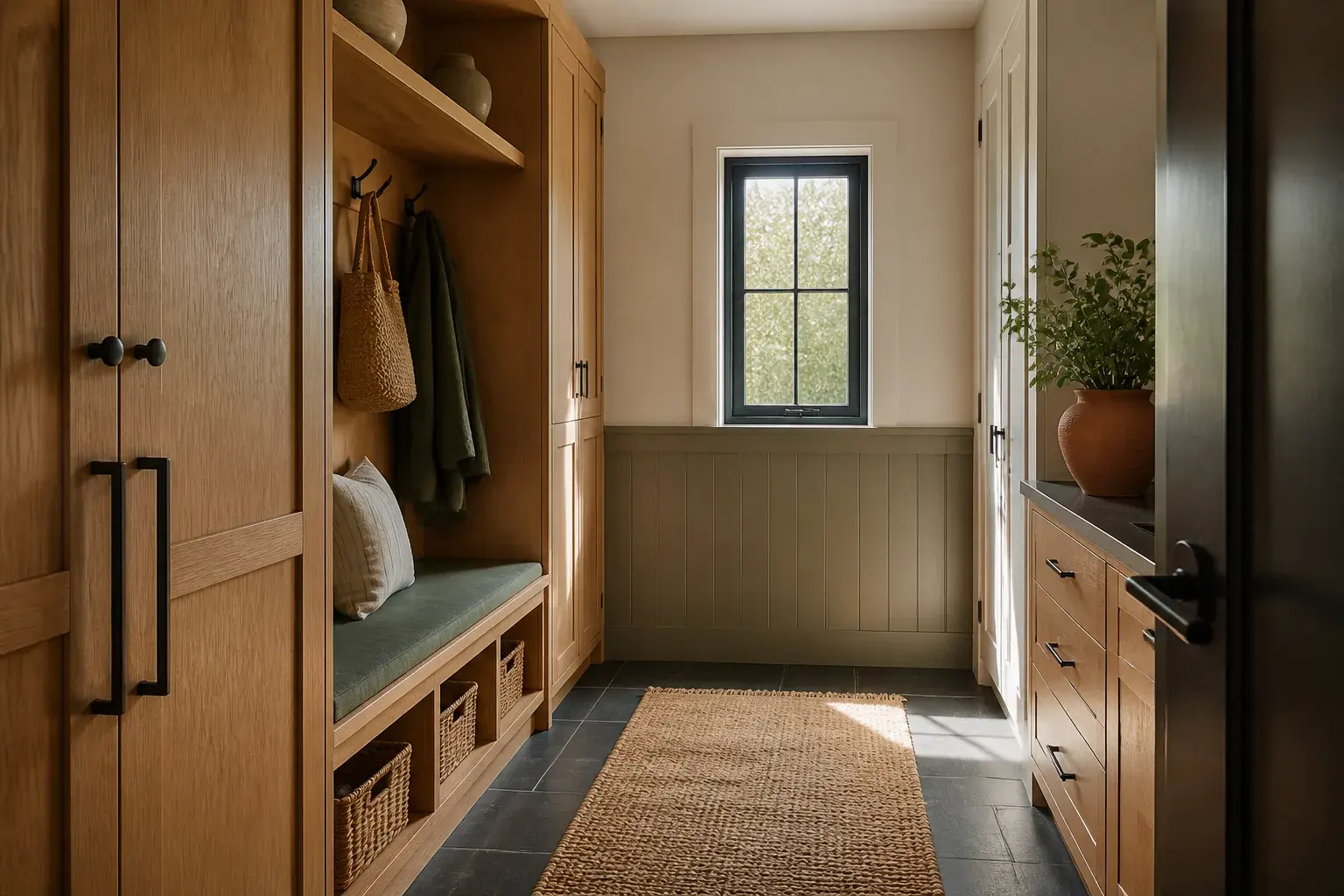 Oak mudroom entry with bench seating and storage