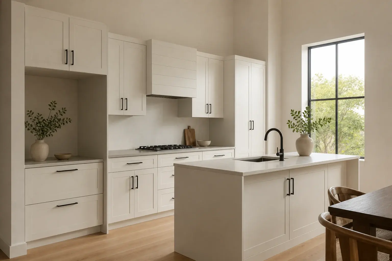 Warm white shaker kitchen with black hardware and island