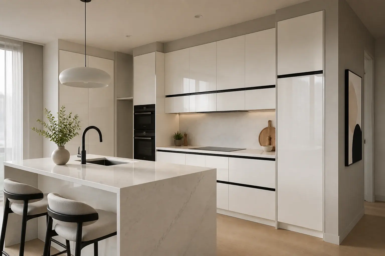 Gloss white flat-panel kitchen with dark shadow gaps