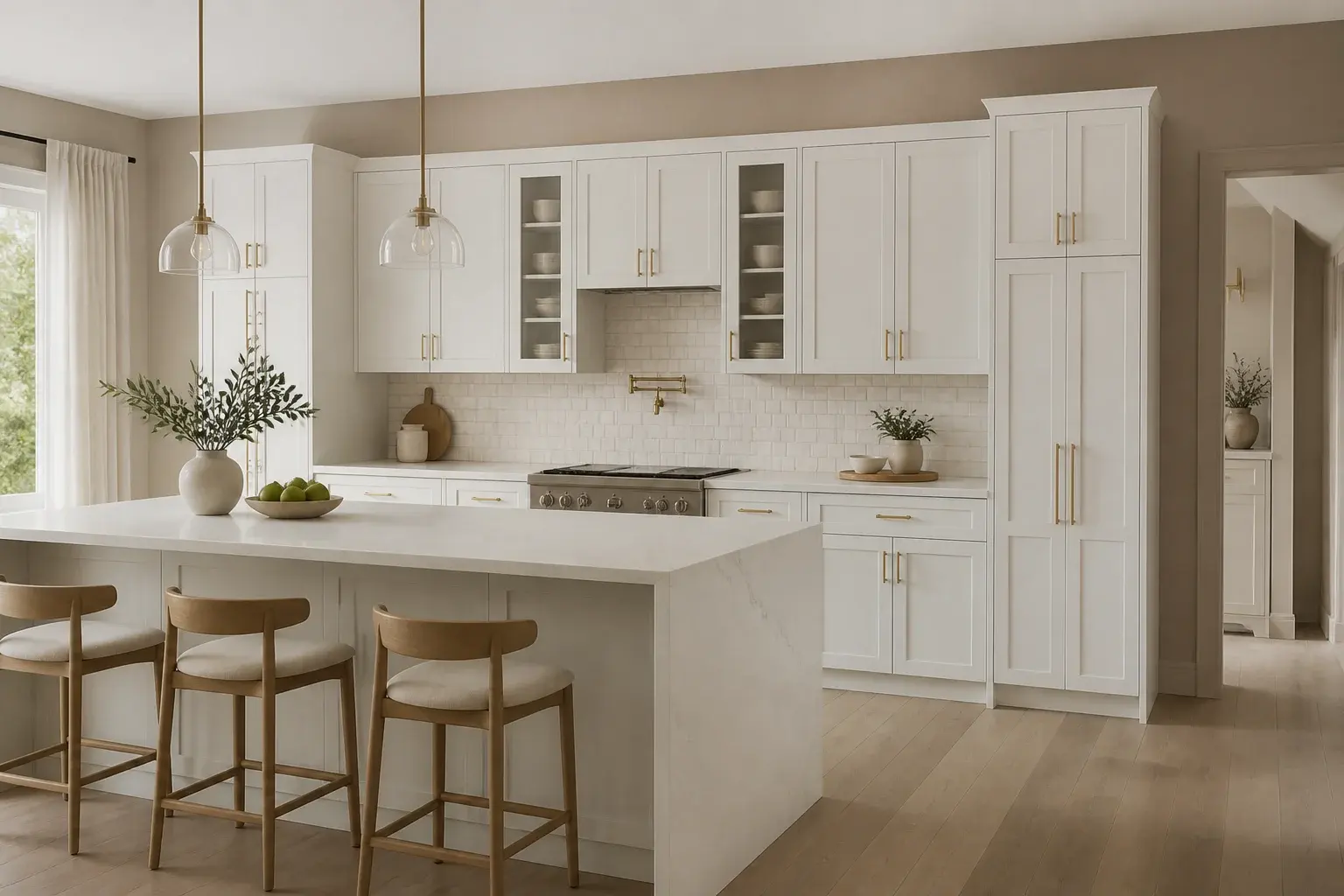 Classic white shaker kitchen with brass hardware and stone island