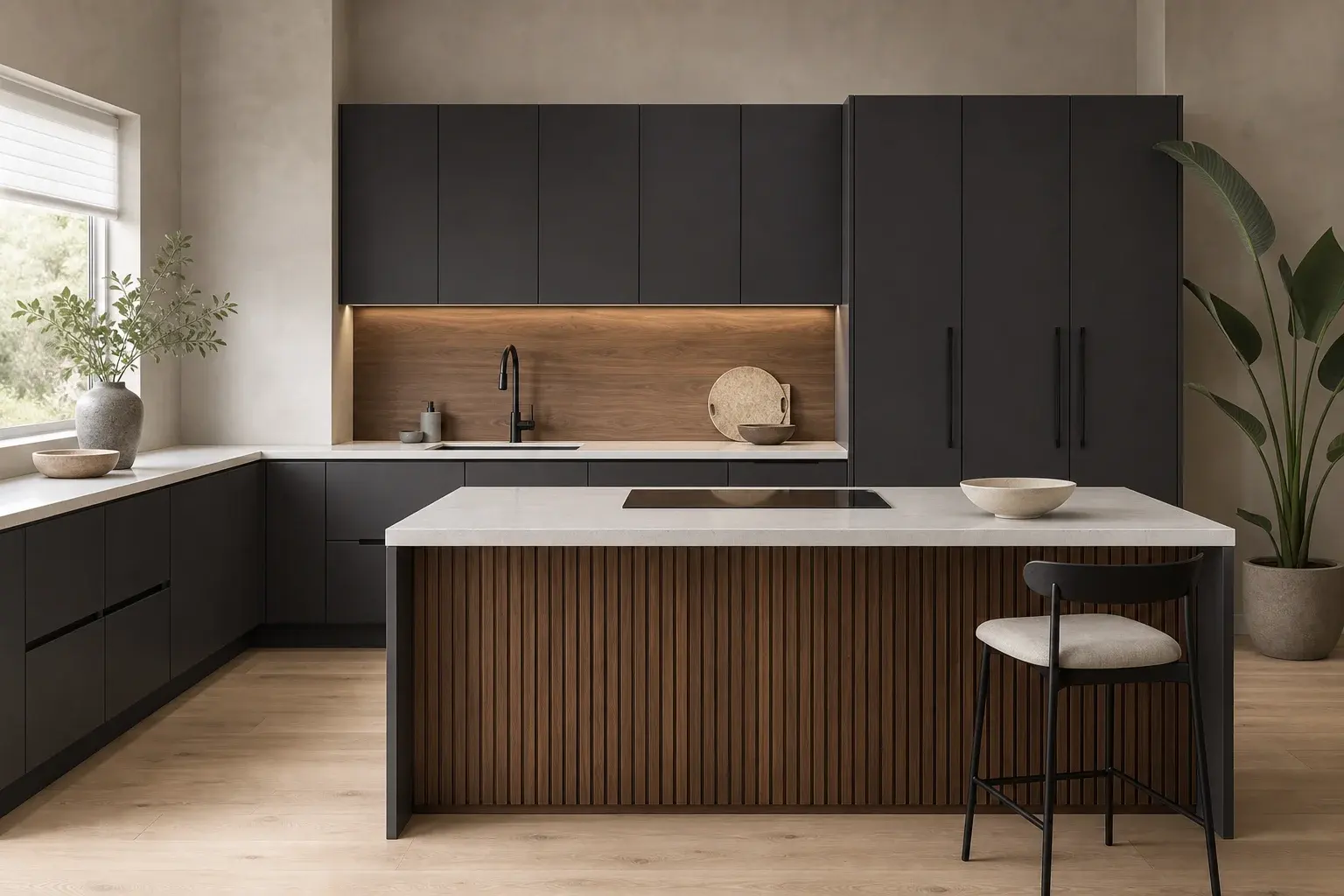Charcoal kitchen with walnut backsplash and island