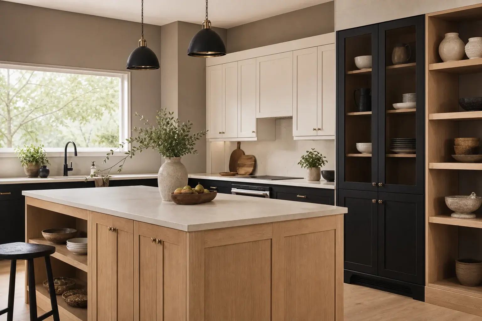 White and oak kitchen with black display storage and island