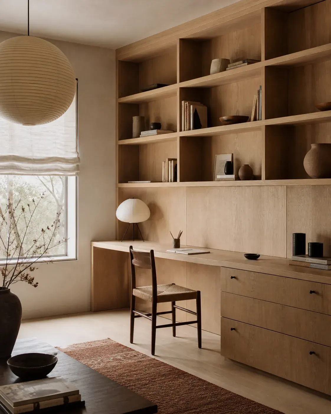 Oak built-in library wall with a small desk