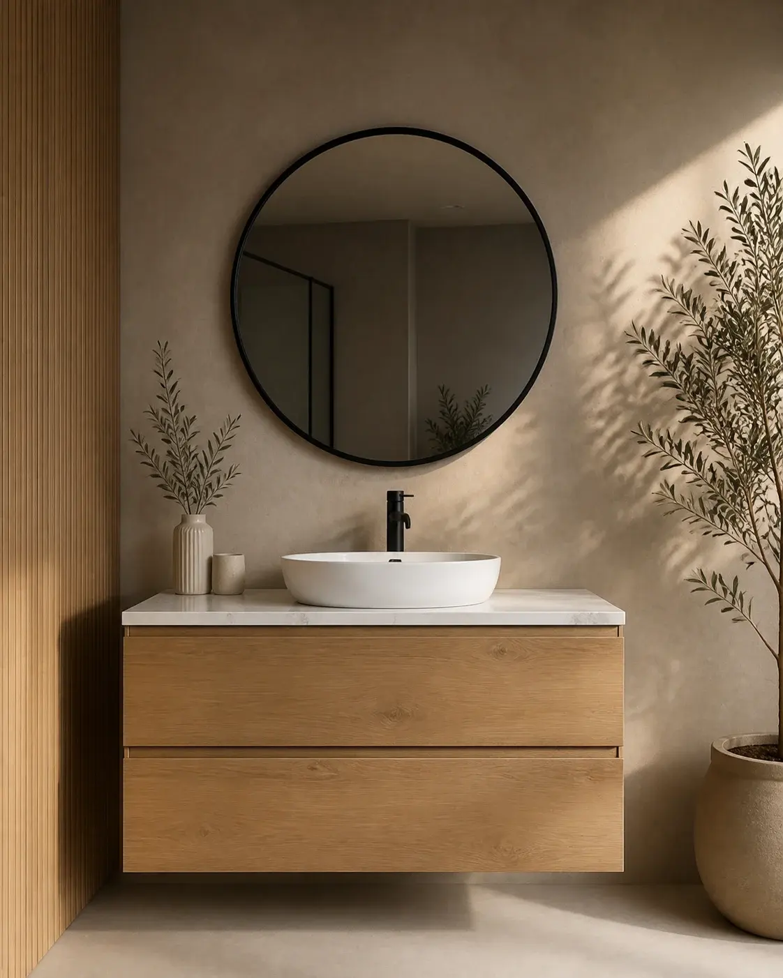 Natural oak bathroom vanity with round black mirror