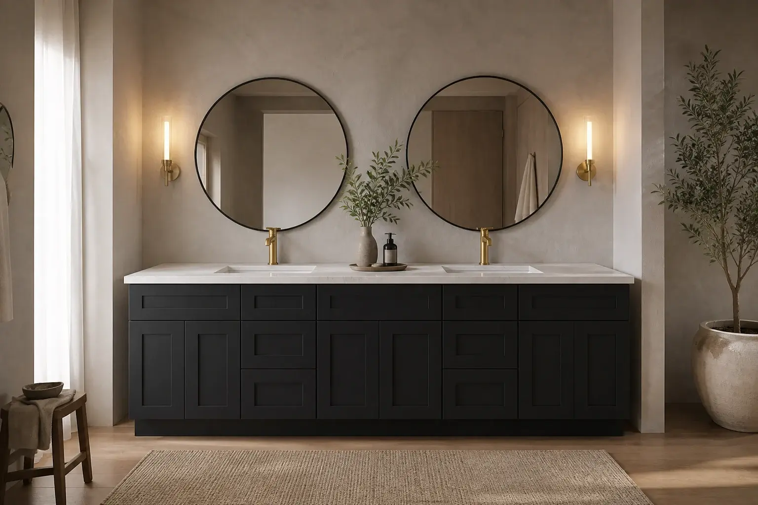 Deep charcoal double bathroom vanity with two round mirrors