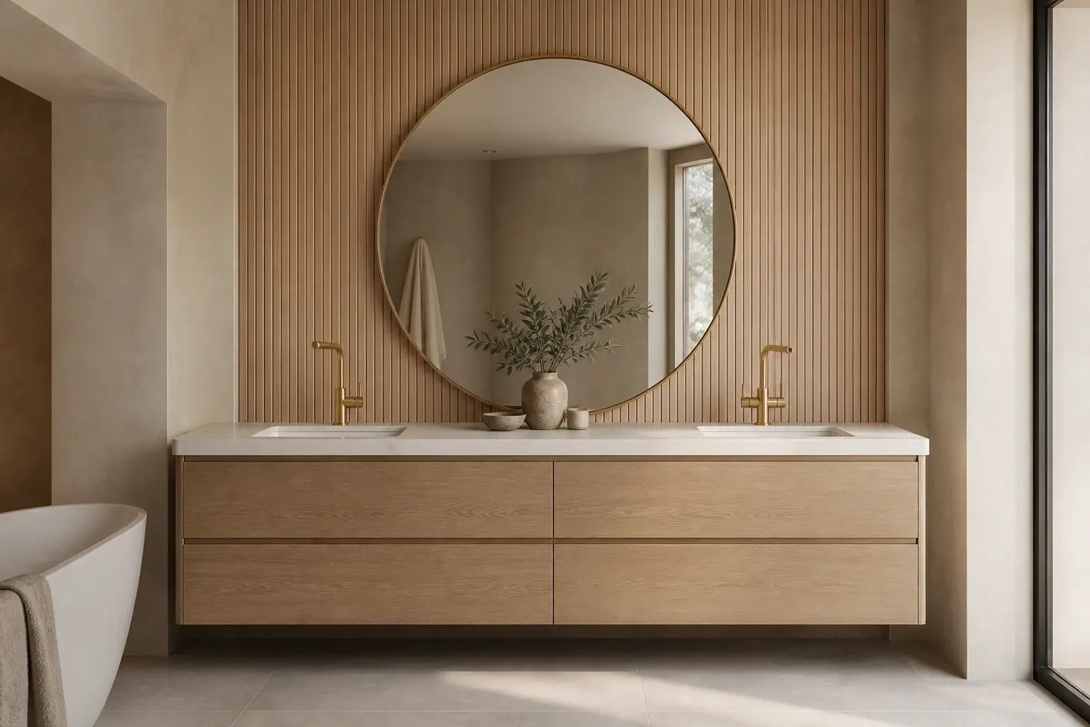 Oak double bathroom vanity with round brass mirror