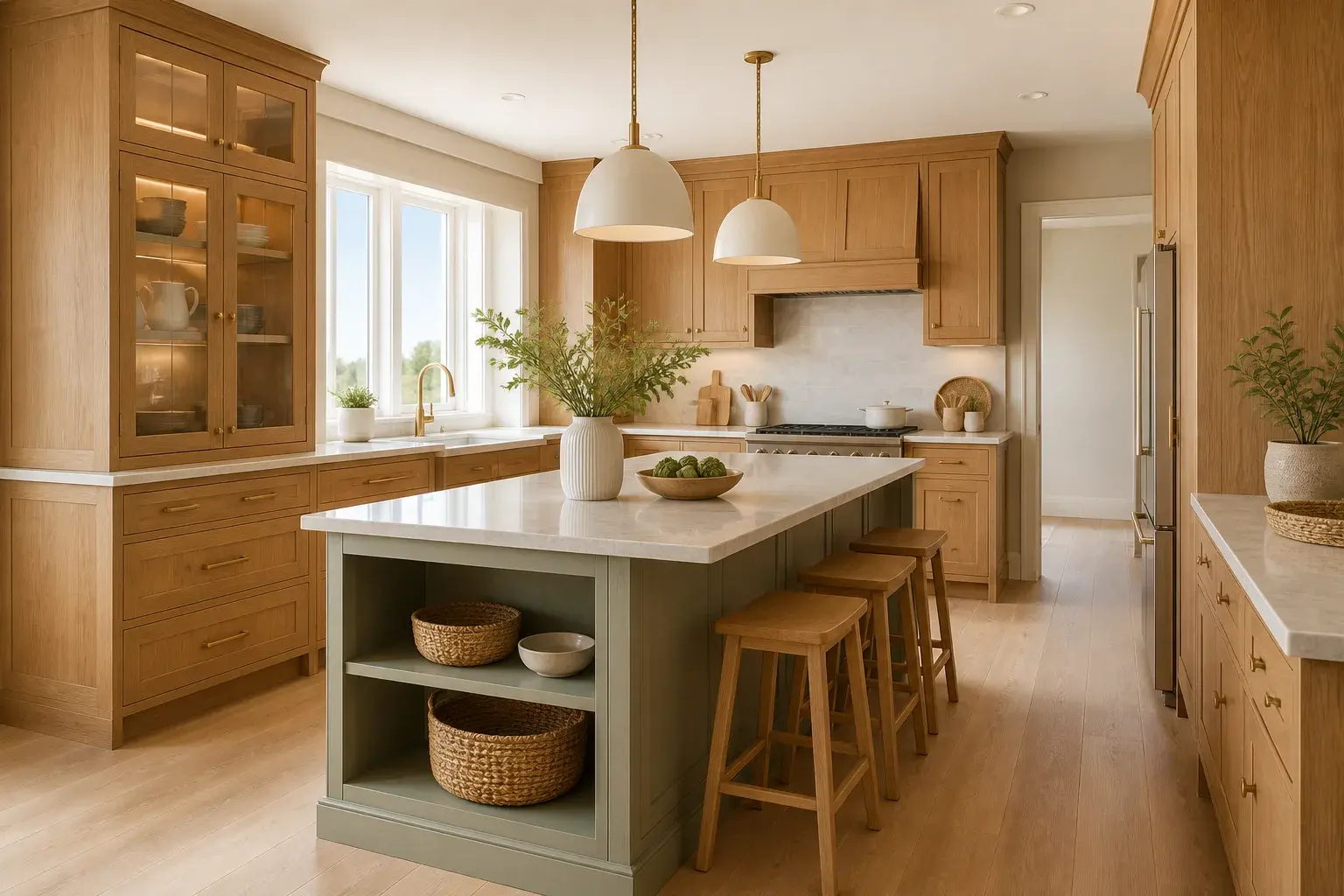 AI-assisted design concept of warm oak kitchen cabinetry with a practical island in Charlottetown