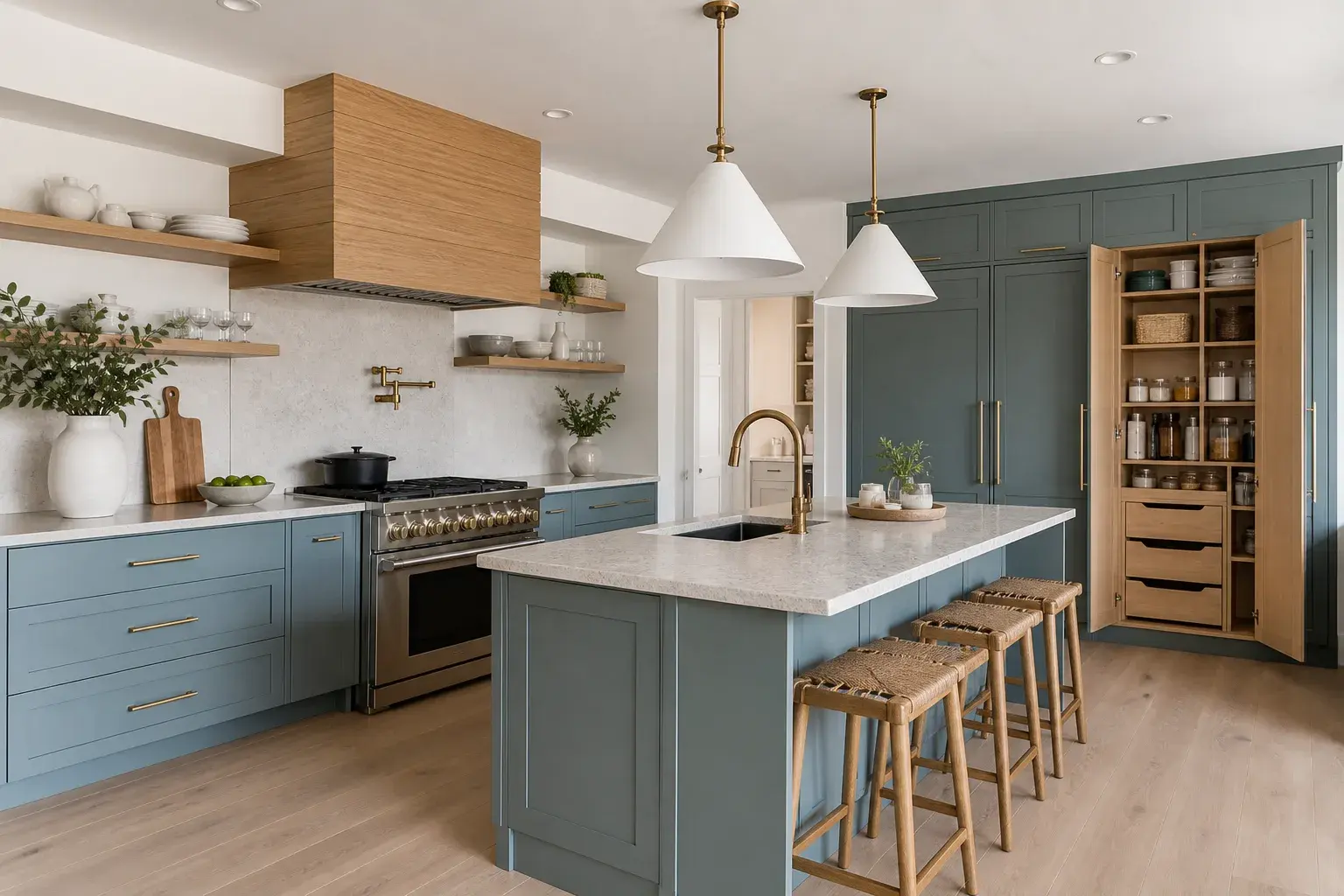 AI-assisted design concept of blue-green kitchen cabinetry with oak shelving in Cornwall