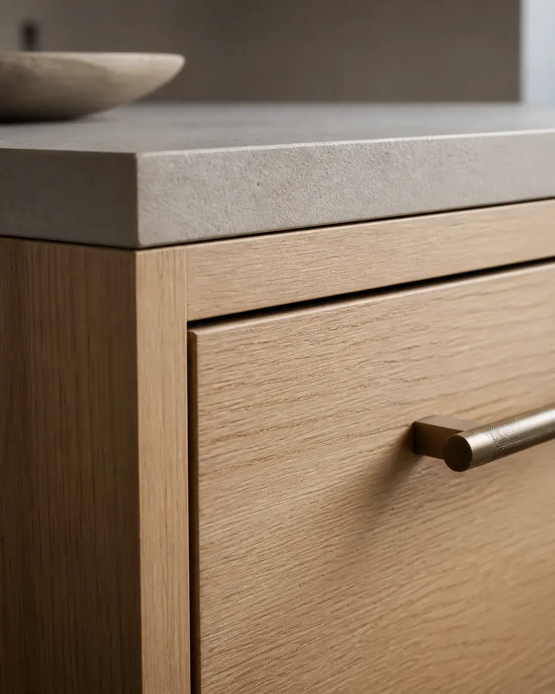 Close-up of custom cabinetry joinery and natural oak