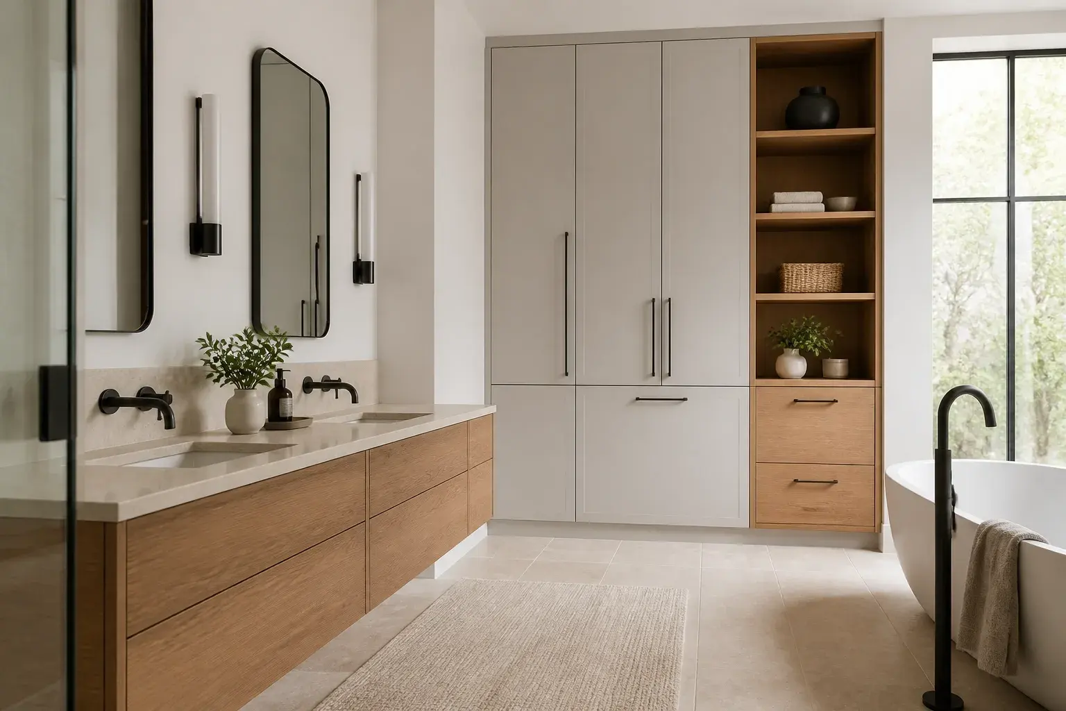 Editorial concept of bathroom cabinetry with a long vanity, tall storage and warm oak details