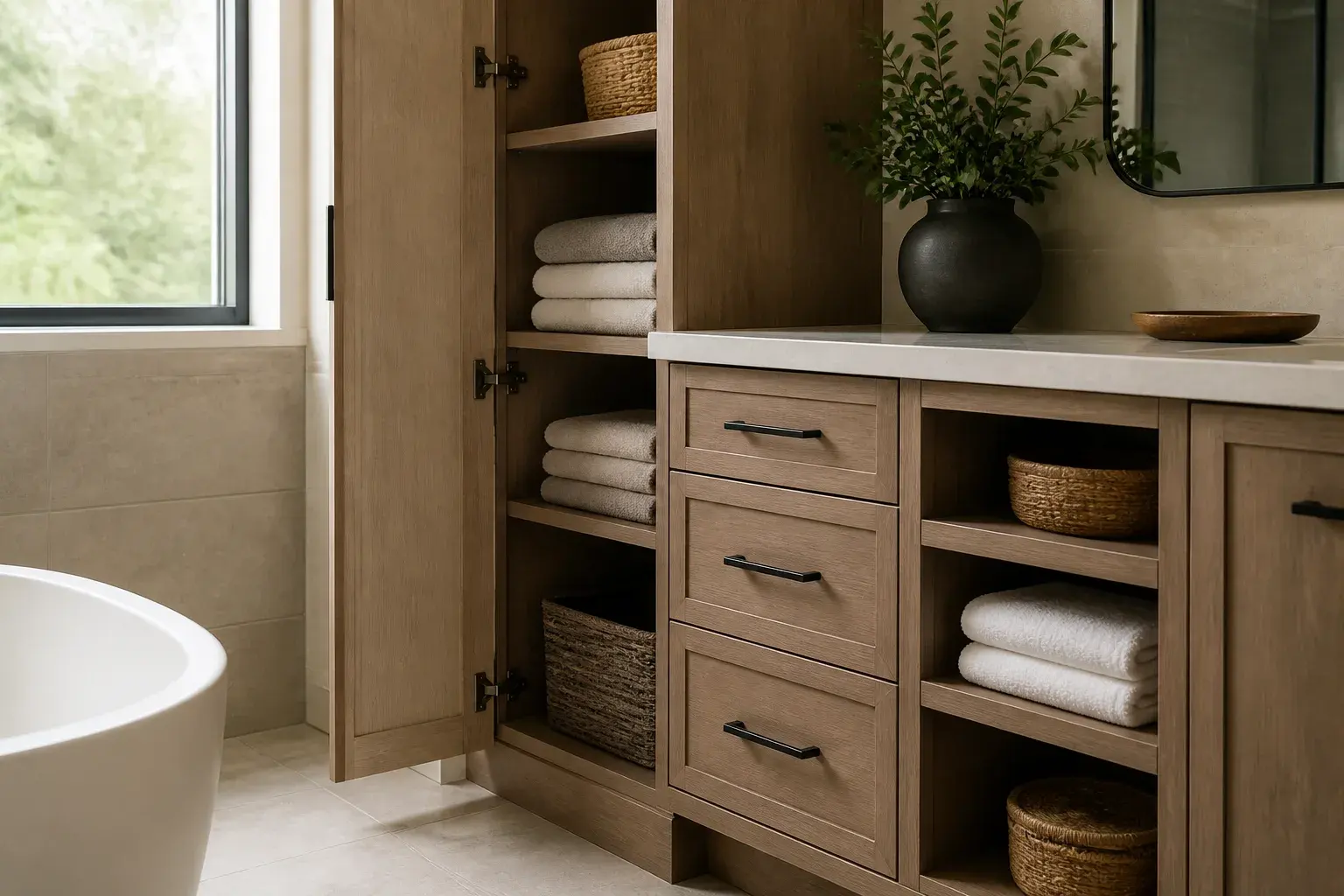 Editorial concept of bathroom cabinetry with open shelving, folded towels and closed storage