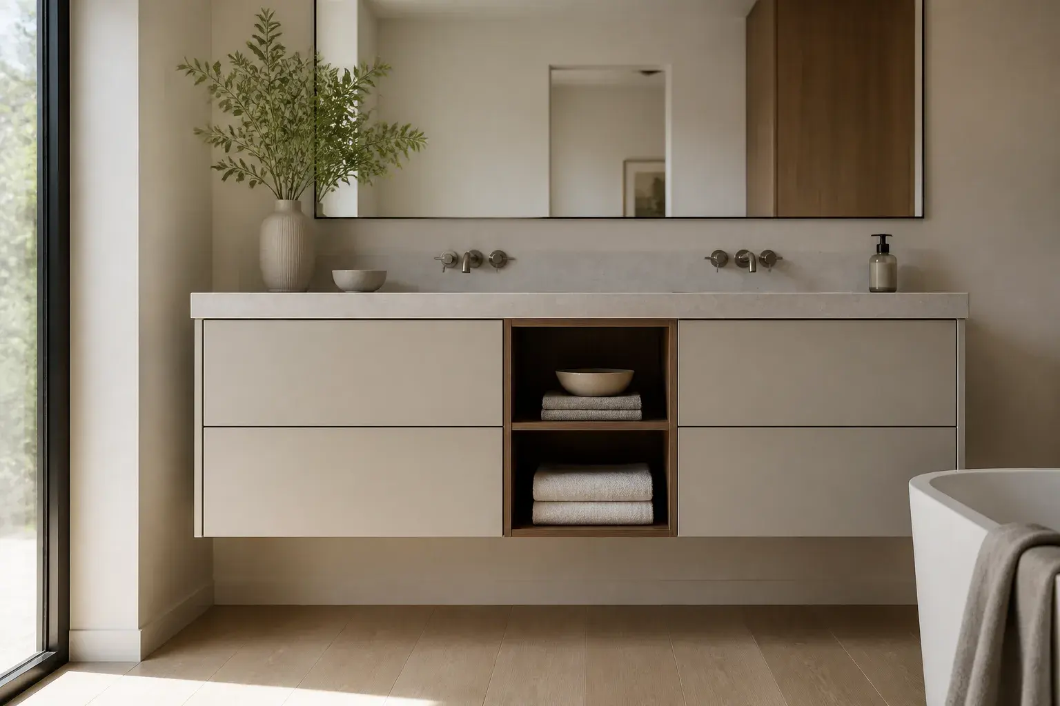 Bathroom vanity cabinet with drawers and a coordinated countertop