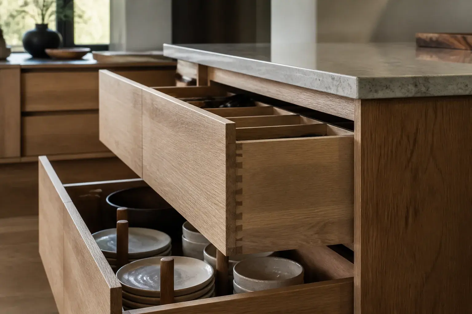 Editorial concept of a kitchen island with deep oak drawers and organized storage