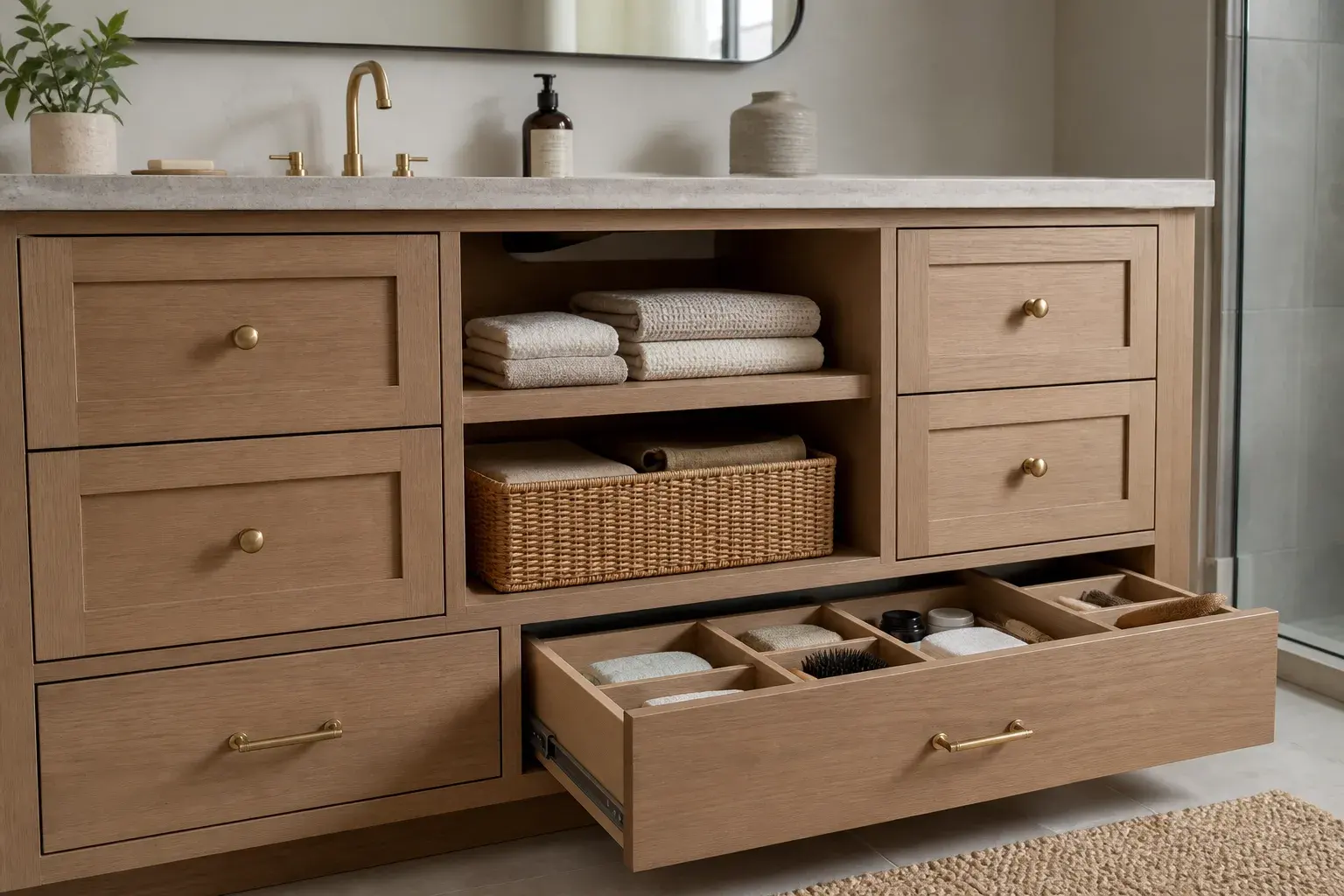 Editorial concept of vanity drawers, open shelving and organized bathroom storage